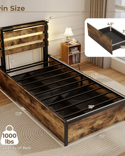 Giantex Bed Frame with LED Lights Headboard and 4 Storage Drawers