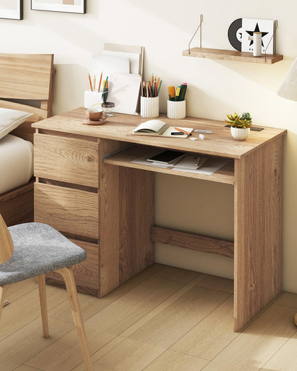 Giantex Computer Desk with Power Outlet, Modern Office Desk with Keyboard Tray & 3 Large Drawers