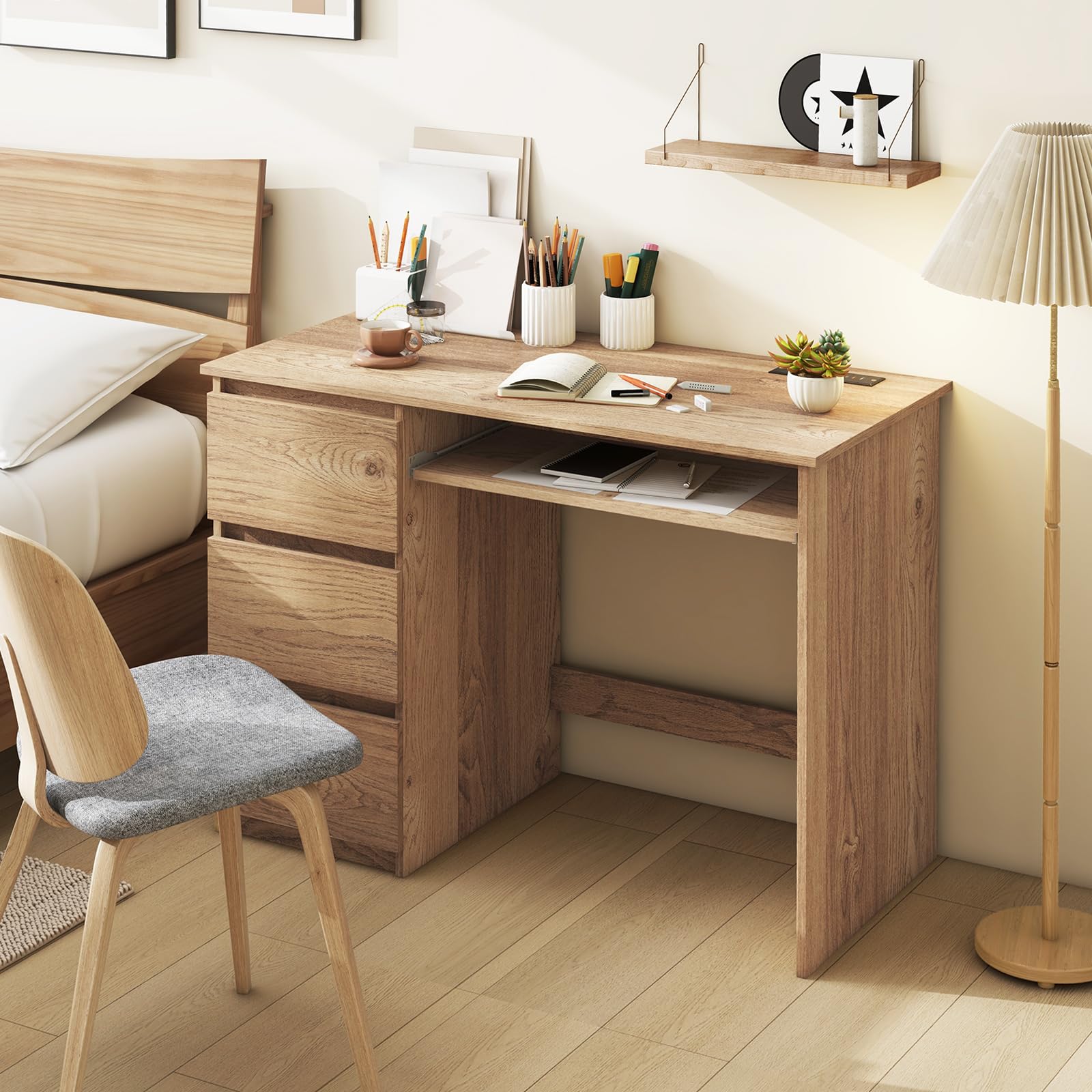 Giantex Computer Table Giantex Computer Desk with Power Outlet, Modern Office Desk with Keybo ...