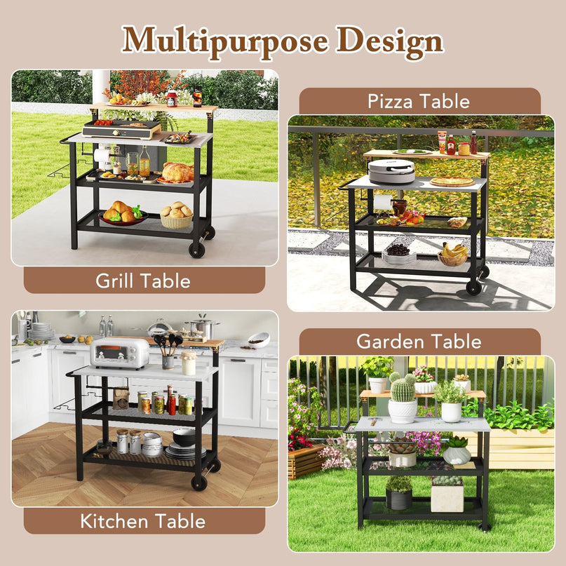 Giantex Outdoor Grill Cart - Pizza Oven Stand with Flip up Bar Table, 4-Shelf Food Prep Cooking Station with Hooks