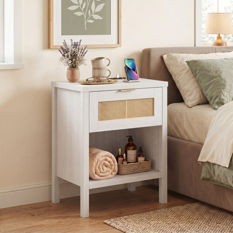 Giantex Rattan Night Stand with Charging Station