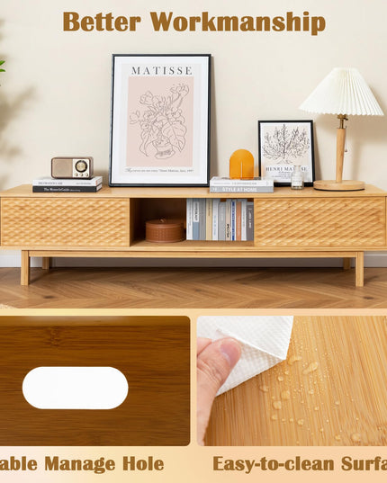 Giantex 63” Bamboo TV Stand, Entertainment Center with 3 Storage Cubes, Sliding Doors