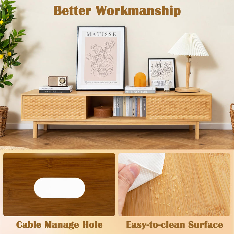 Giantex 63” Bamboo TV Stand, Entertainment Center with 3 Storage Cubes, Sliding Doors