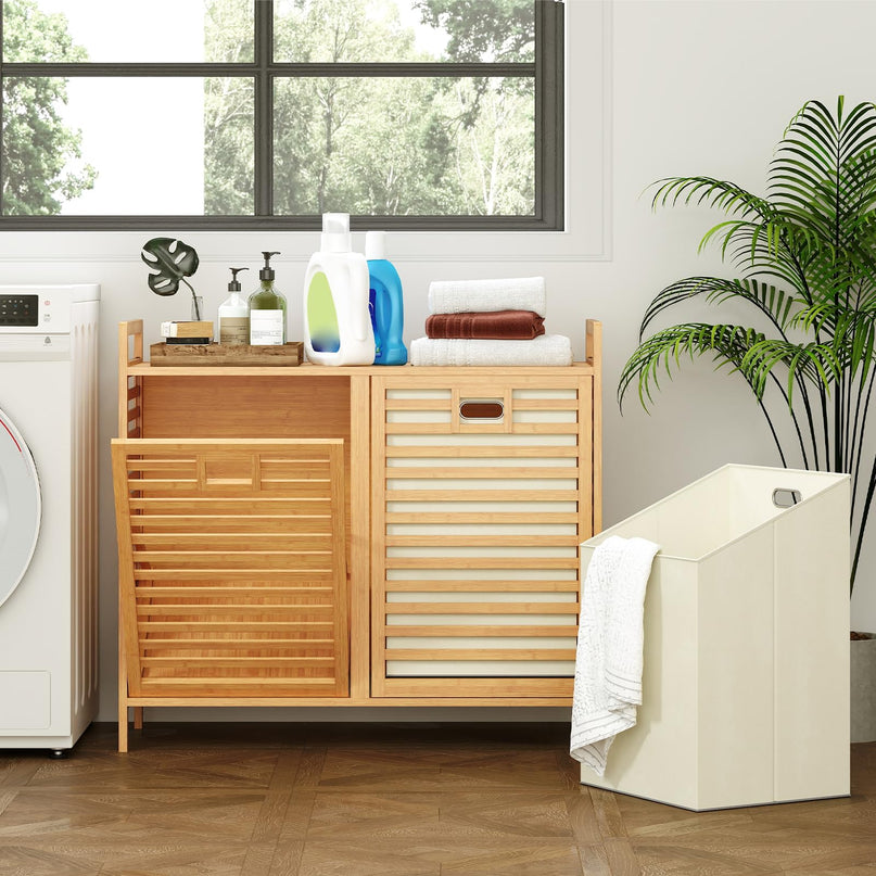Giantex Tilt Out Laundry Hamper 20 Gal Bamboo Laundry Storage Cabinet
