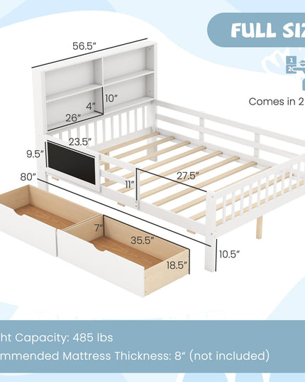 Giantex 2 Storage Drawers, Solid Wood Kids Bed Frame w/Bookcase Headboard & Blackboard