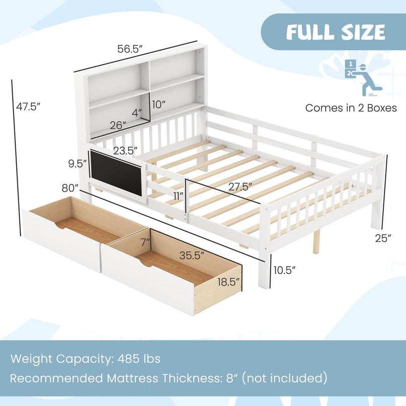 Giantex 2 Storage Drawers, Solid Wood Kids Bed Frame w/Bookcase Headboard & Blackboard