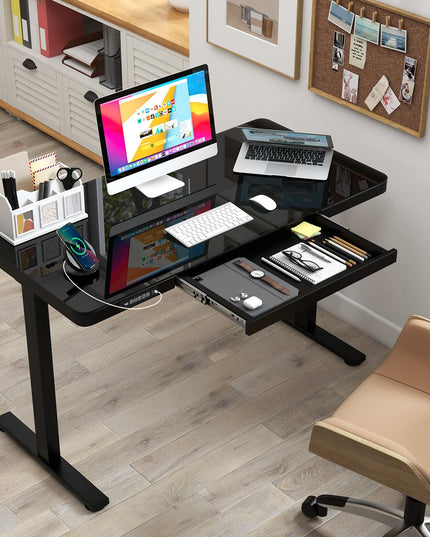 Giantex Glass Standing Desk with Drawer, 48" x 24" Height Adjustable Electric Stand Up Desk