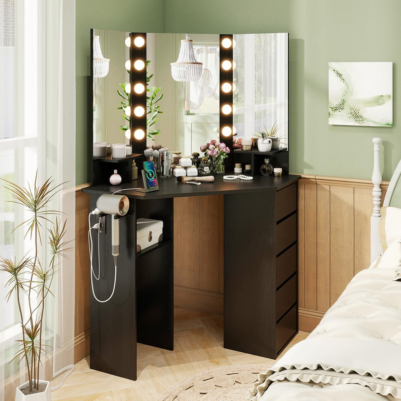 CHARMAID Corner Vanity Desk with Mirror and Lights