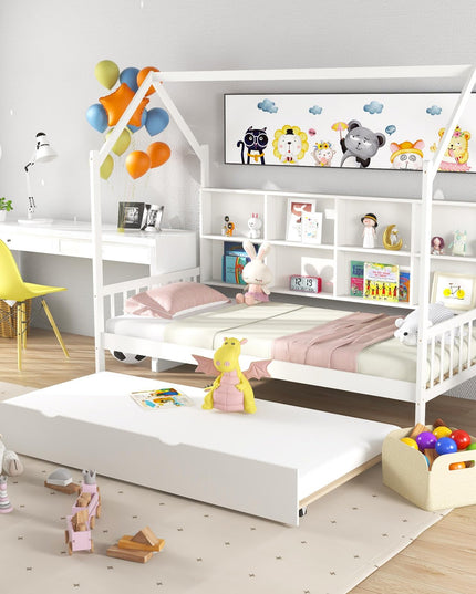 Giantex Twin House Bed with Trundle, Solid Wood Bed Frame with Roof & 8 Cube Bookcase