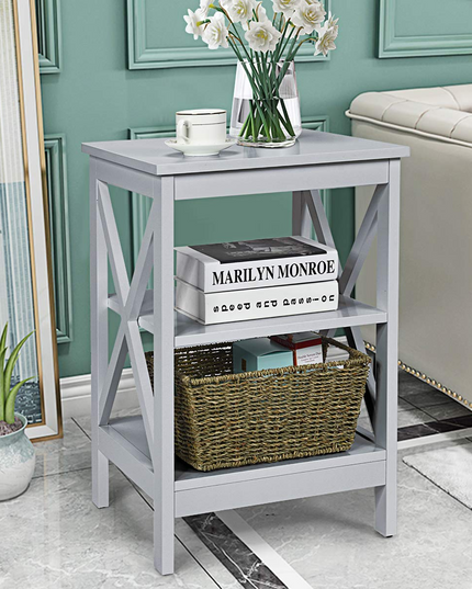 Nightstand 3-Tier X-Design W/Storage Shelves and Stable Structure Storage Organizer Display Sofa Side Table