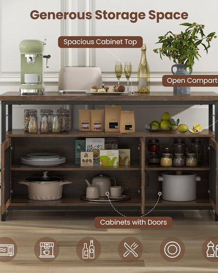 Giantex Dining Table Set for 4, Kitchen Island with Seating Bench & Stools, Storage Cabinet, 3-Position Adjustable Shelves