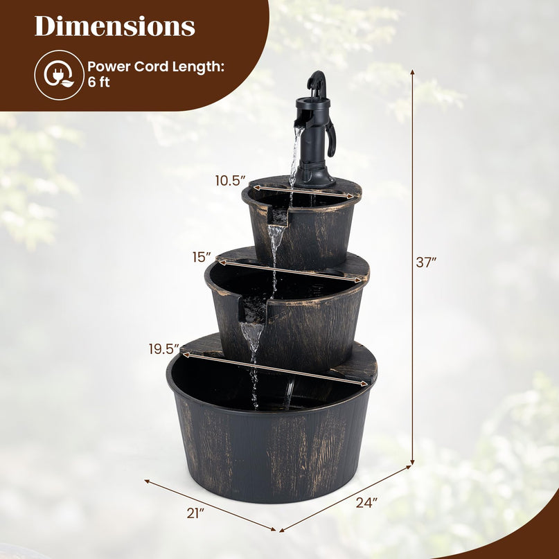 Giantex 37" 3-Tier Barrel Waterfall Fountain with Electric Pump