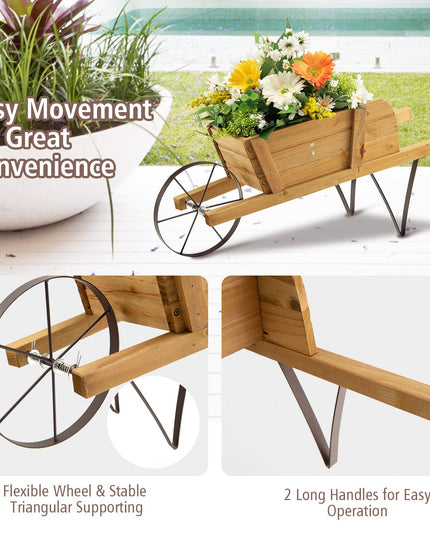 Giantex Wooden Wagon Planter, Small Wheelbarrow Wagon Flower, Indoor & Outdoor Raised Bed
