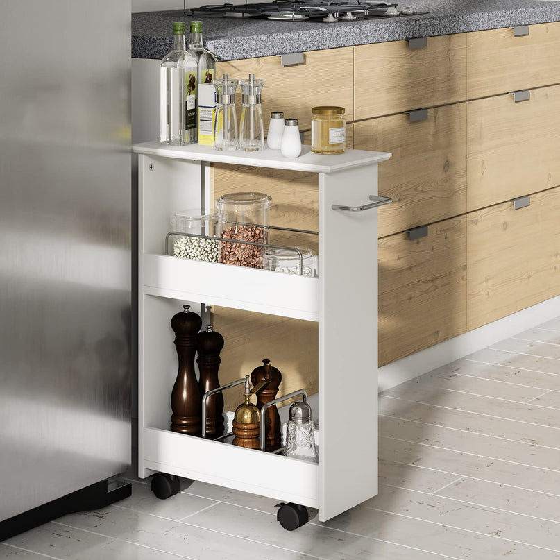 Giantex Slim Storage Cart, 3-Tier Rolling Slide Out Utility Cart w/ Handle, White