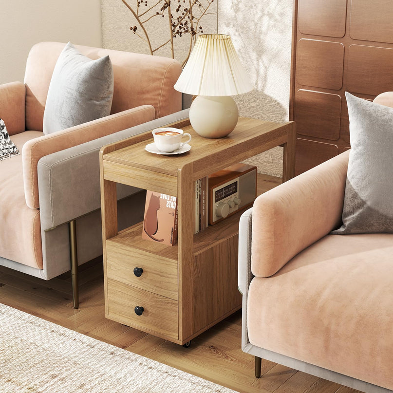 Giantex Rolling Side Table with Storage with Wheels & Open Shelves