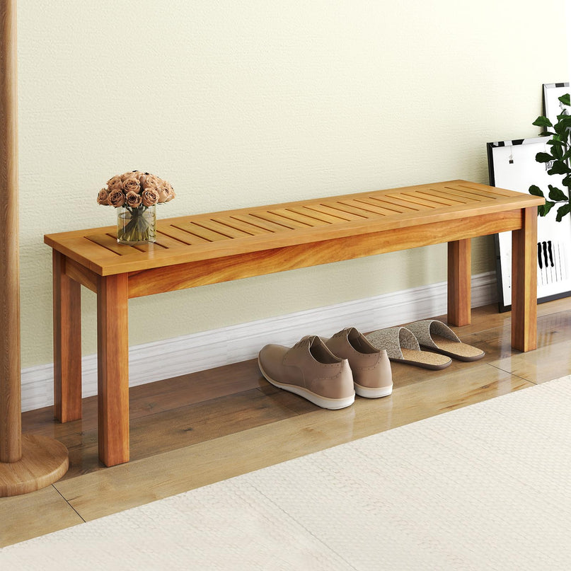 Giantex Acacia Wood Outdoor Bench with Slatted Seat and Solid Wood Legs