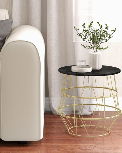 Giantex Round Coffee Table, Faux Marble Side End Table with Gold Metal Frame & Removeable Top