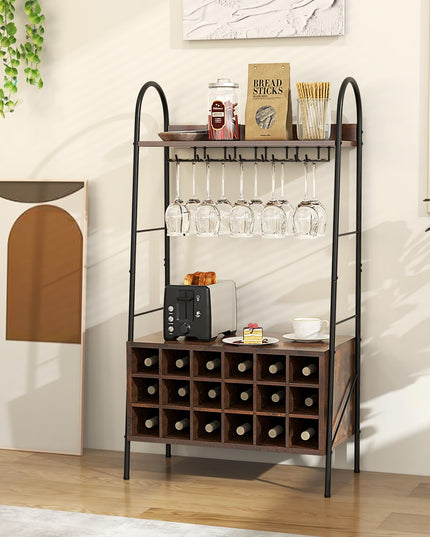 Giantex 18-Bottle Wine Rack Freestanding Floor, Kitchen Baker’s Rack w/ 15 Glasses Holder, Rustic Brown