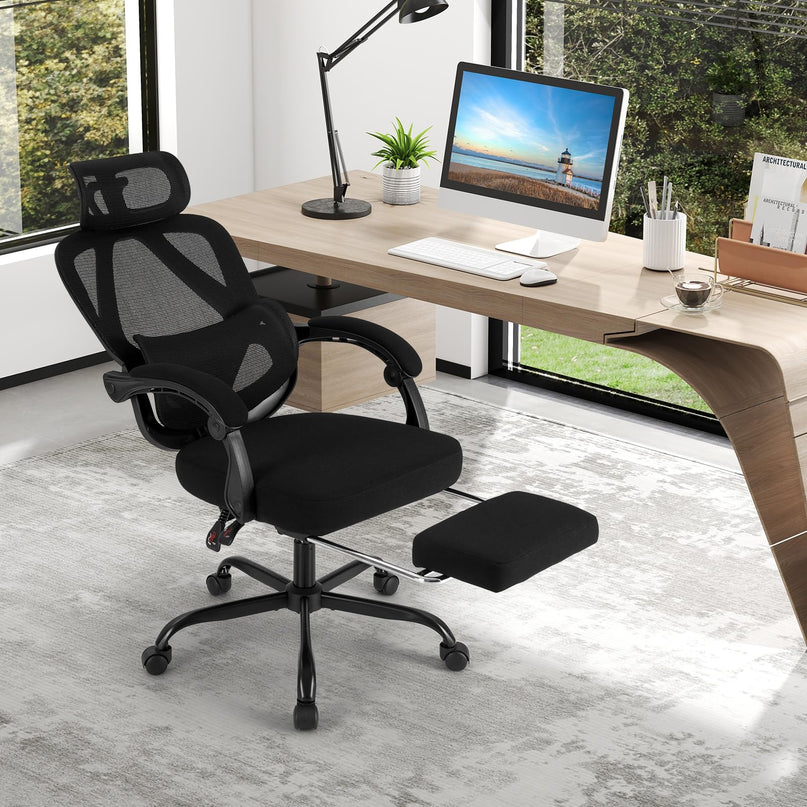 Giantex Ergonomic Desk Chair with Retractable Footrest 135° Tilting Backrest & Lumbar Support