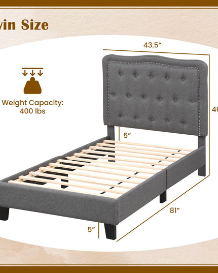 Giantex Twin Size Bed Frame, Modern Linen Upholstered Platform Bed w/ 46" Tall Button Tufted Headboard