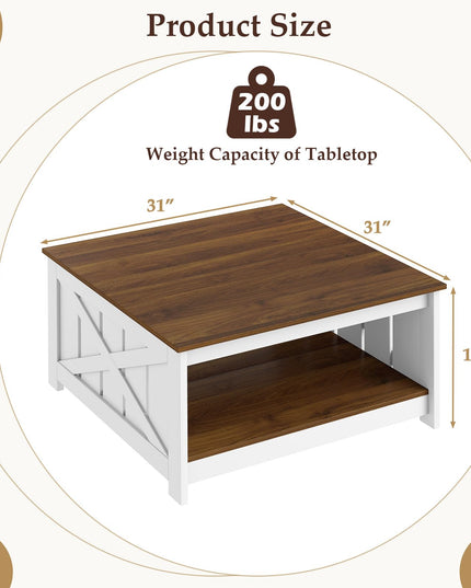 Giantex 31 Inch Farmhouse Square Wood Coffee Table with Storage Shelf  Open Compartment
