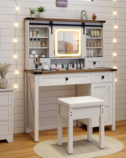 CHARMAID Farmhouse Vanity Desk with Barn-Style Sliding Mirror, Lights & Stool (42" Wide,White & Brown)