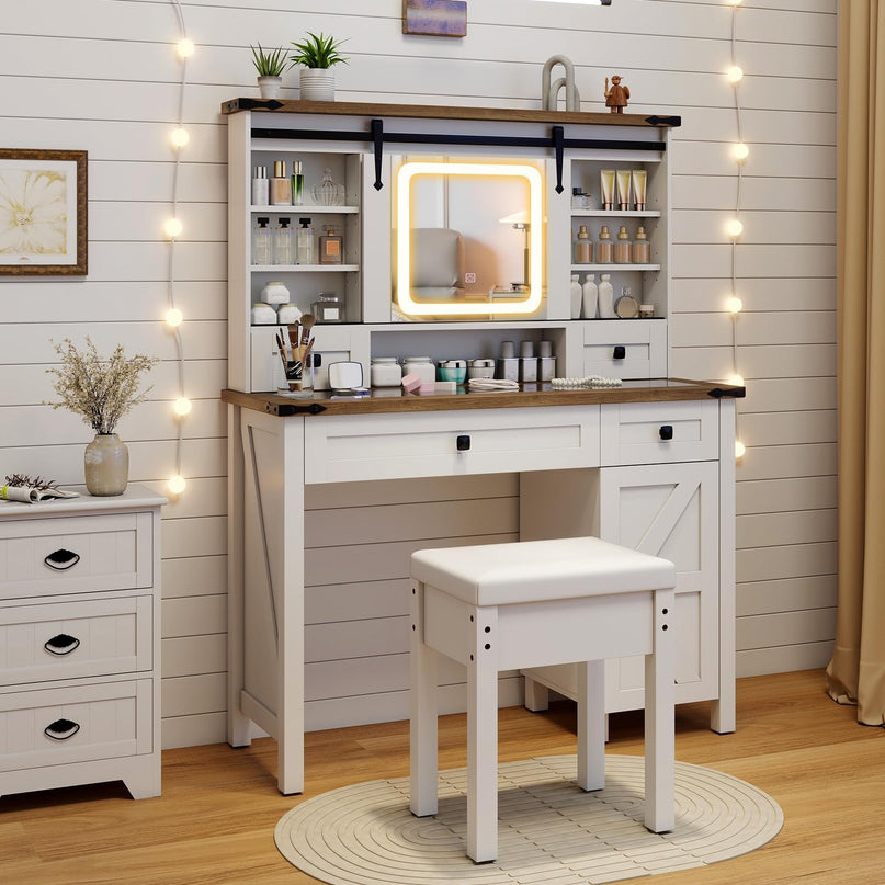 CHARMAID Farmhouse Vanity Desk with Barn-Style Sliding Mirror, Lights & Stool (42" Wide,White & Brown)