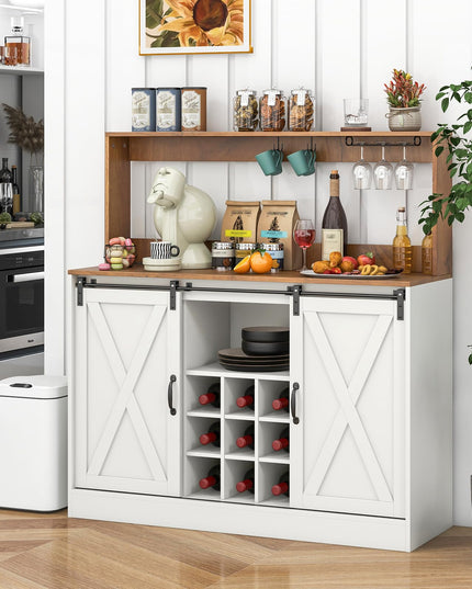 Giantex Farmhouse Buffet Cabinet with Hutch, Charging Station, 9 Bottle Wine Rack, Cup Glass Holder