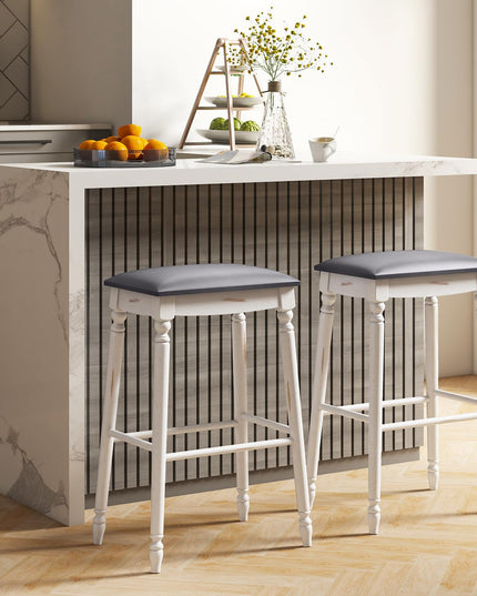 Giantex Bar Stools, 29"/24" Bar Height Saddle Stools w/Padded Seat, Rubber Wood Legs, Footrests & Antiqued Surface