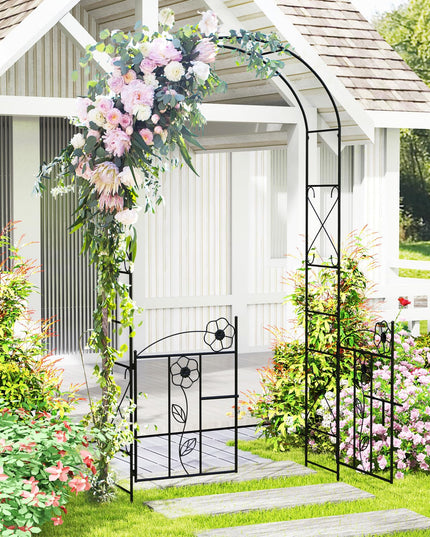 Giantex Garden Arbor with Gate, 7.5FT Metal Arch Trellis for Climbing Plants Rose Ivy, Archway Pergola with Flower Door