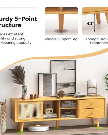 Giantex Bamboo TV Stand for 55 60 65 Inch TV, PE Rattan Entertainment Center with Sliding Doors