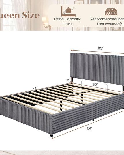 Lit de rangement relevable Giantex Queen Size avec tête de lit capitonnée à chevrons et oreilles.