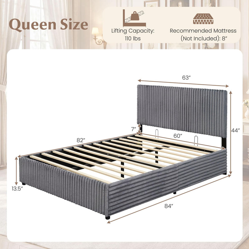 Lit de rangement relevable Giantex Queen Size avec tête de lit capitonnée à chevrons et oreilles.