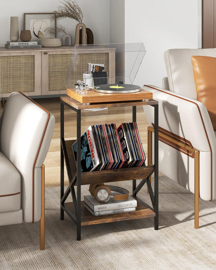 Meuble support platine vinyle Giantex, table d'appoint à 3 niveaux avec porte-revues en V, support de platine avec rangement pour jusqu'à 80 vinyles