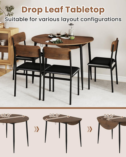 Giantex  43.5" Round Kitchen Table and 4 Upholstered Dining Chairs with Drop Leaf Tabletop