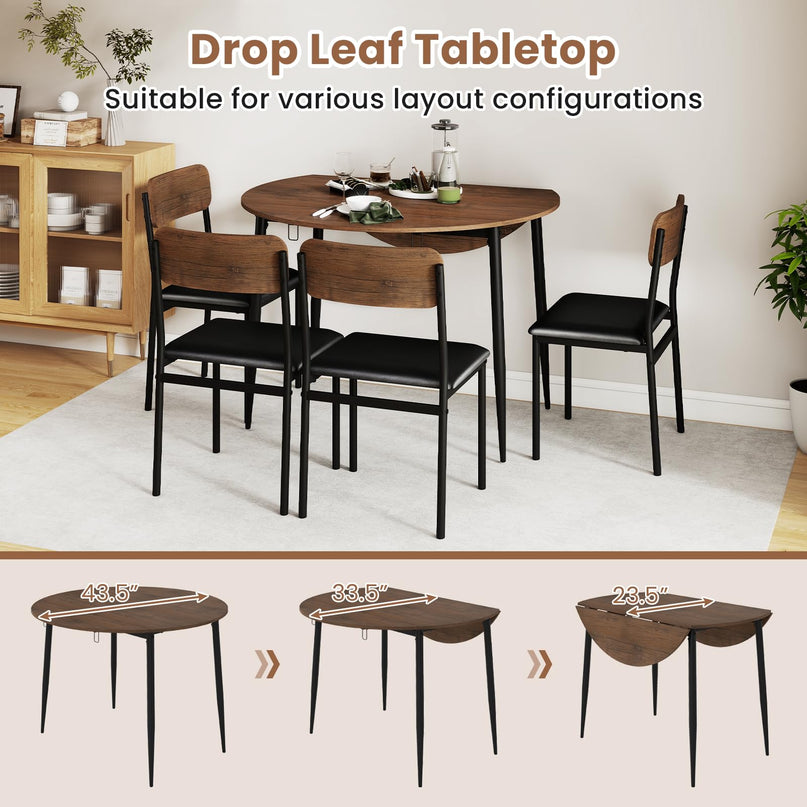 Giantex  43.5" Round Kitchen Table and 4 Upholstered Dining Chairs with Drop Leaf Tabletop