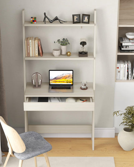 Giantex 3 Tier Ladder Desk with Drawer, 33’’ Width Ladder Shelf with Anti-tipping Device, Freestanding Bookshelf