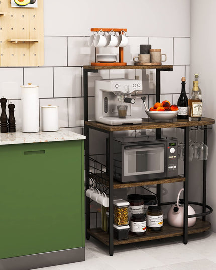 Giantex Kitchen Bakers Rack, 4-Tier Microwave Stand with 6 Hooks & Stemware Racks (Rustic Brown)