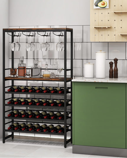 Floor Wine Rack w/ 4-Tier Wine Storage & 4 Rows of Stemware Racks