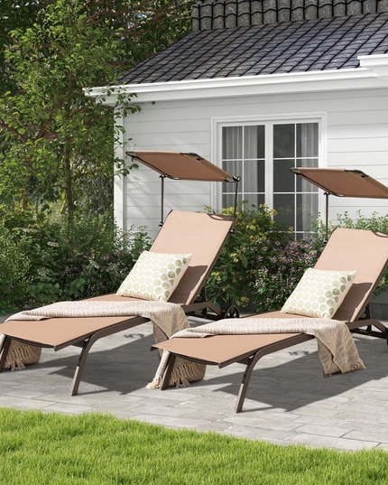 Giantex Outdoor Chaise Lounge Chair, Tanning Chair with Sunshade and Smooth Wheels, 6-Level Adjustable Position