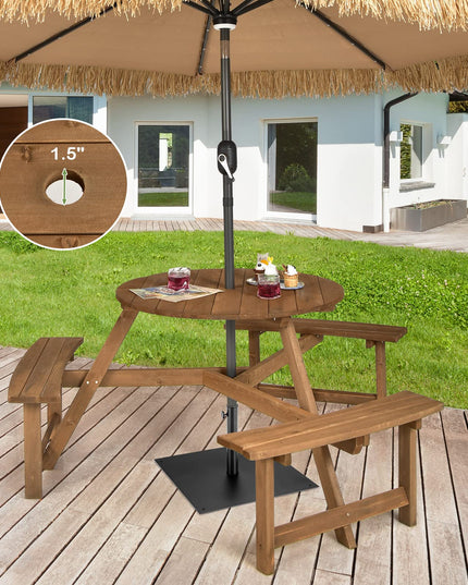 Giantex Wooden Picnic Table for 6 Person, Round Outdoor Table with 3 Benches, Umbrella Hole