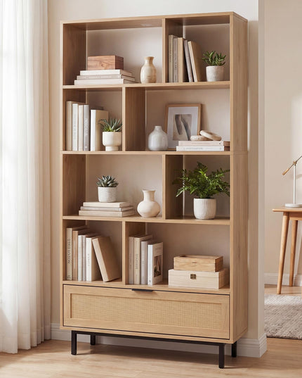 GIANTEX 64" Tall Bookshelf with Rattan Drawer