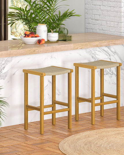 Giantex Patio Wood Bar Stools Set of 2, Acacia Wood Bar Stools w/Rattan Woven Seat