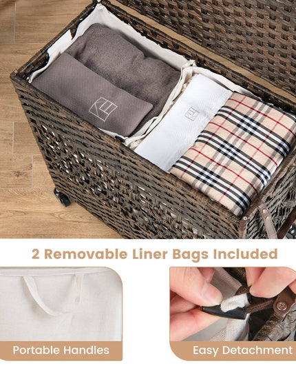 Panier à Linge Giantex avec Roues et Couvercle, Panier à Linge en Osier de 125L (33 Gal), 2 Sacs Intérieurs Amovibles
