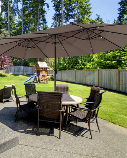 15ft Large Outdoor Umbrella Double-Sided, 48 Solar Lights, Auto-Charging Solar Panel