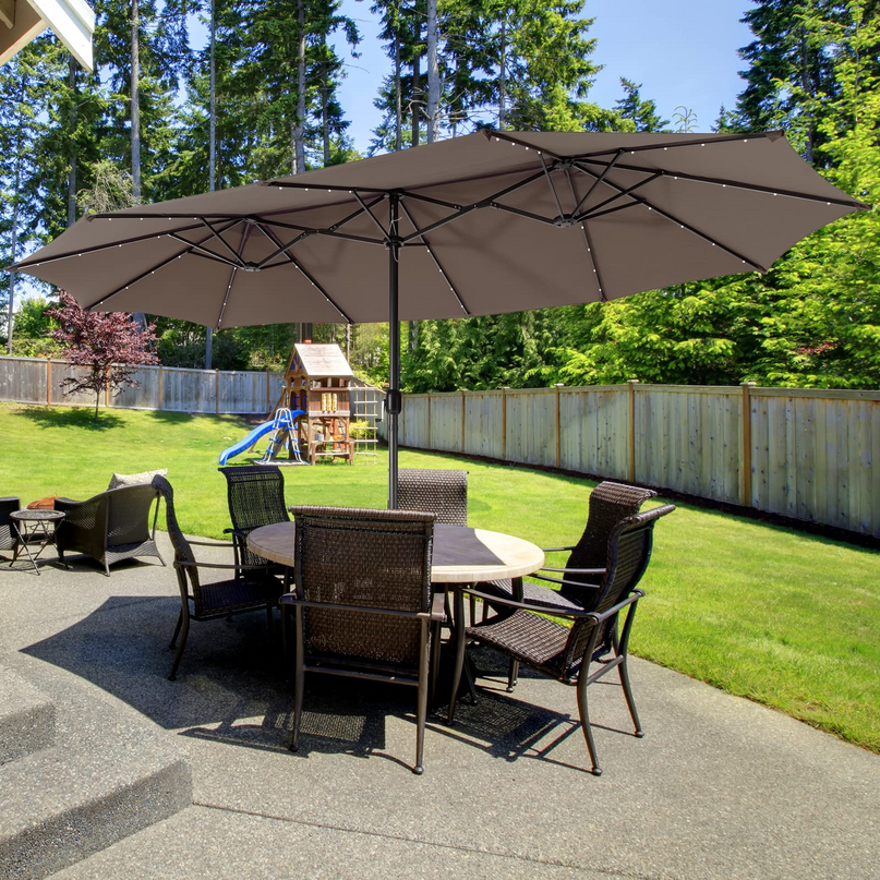 15ft Large Outdoor Umbrella Double-Sided, 48 Solar Lights, Auto-Charging Solar Panel