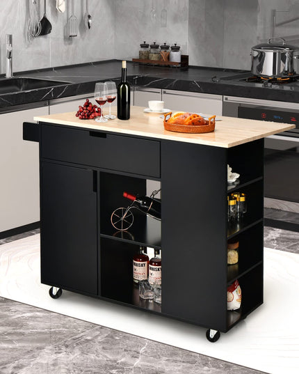 Giantex Kitchen Island Cart Drop-Leaf Countertop, Rubber Wood Breakfast Dining Table w/Large Drawer