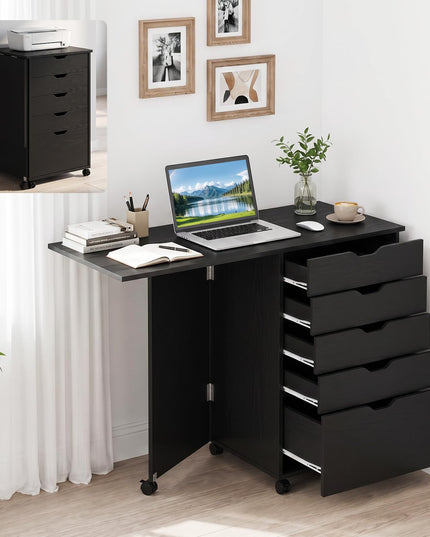 GIANTEX 5-Drawer Wood Compact Foldable Drop-Leaf Computer Desk with Wheels