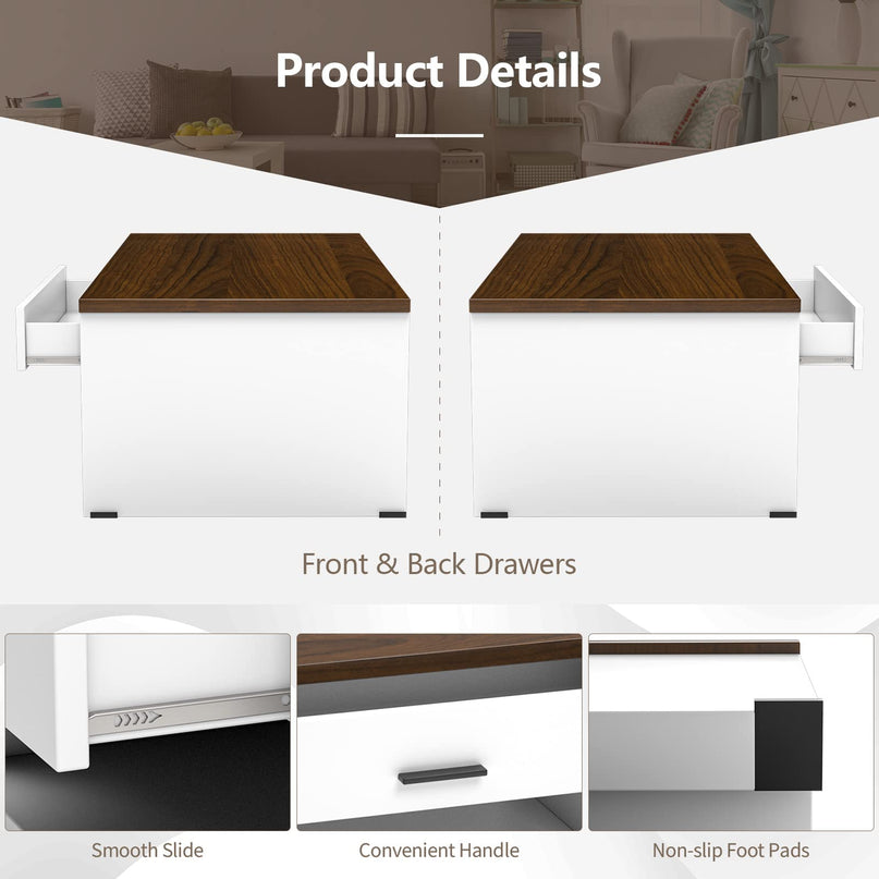 Modern Couch Table with Front & Back Drawers & Compartments, 47.2"x23.6"x16.1"