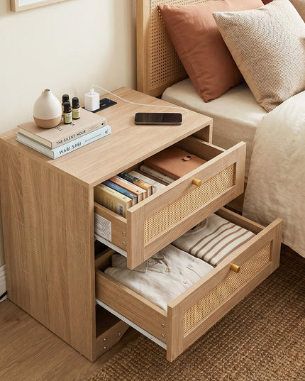 GIANTEX Rattan Nightstand with Charging Station for Bedroom